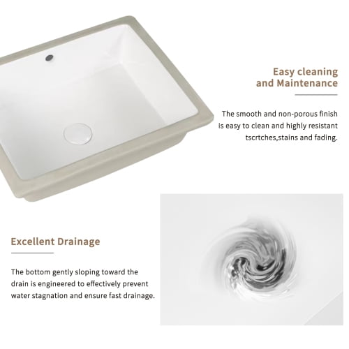 Rectangular Undermount Bathroom Sink, White Ceramic Lavatory Vanity Basin, With Overflow, High-Temp Fired, Cutting Template Included
