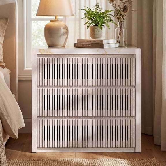 27.6in Wide Oversized Fluted Nightstand 3 Drawers, Mid-Century Modern Tall Night Stands Extra Large Wood Bedside Table,End Table for Bedroom, Living Room,White Oak