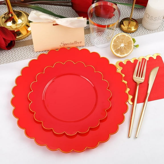 LIYH 210 Pcs Red Plastic Scalloped Plates with Gold Edge, Plastic Disposable Christmas Dinnerware Set, Christmas Plates Include Dinner & Dessert Plate Silverware Cups for Party 30 Guests