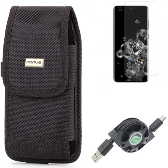 USB Cable w Screen Protector w Case Belt Clip for Samsung Galaxy S20 Ultra - Retractable Type-C Charger, Tempered Glass [Fingerprint Unlock] 3D Curved Edge, Swivel Holster fits Galaxy S20 Ultra