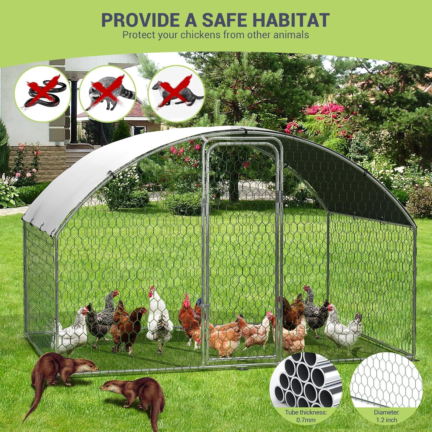Metal Chicken Coop 9.8x6.5x6.5FT Dome Roof Poultry Cage Chicken Run with Waterproof Cover,Walk-in Poultry Cage with Secure Lock for Outdoor Backyard Farm