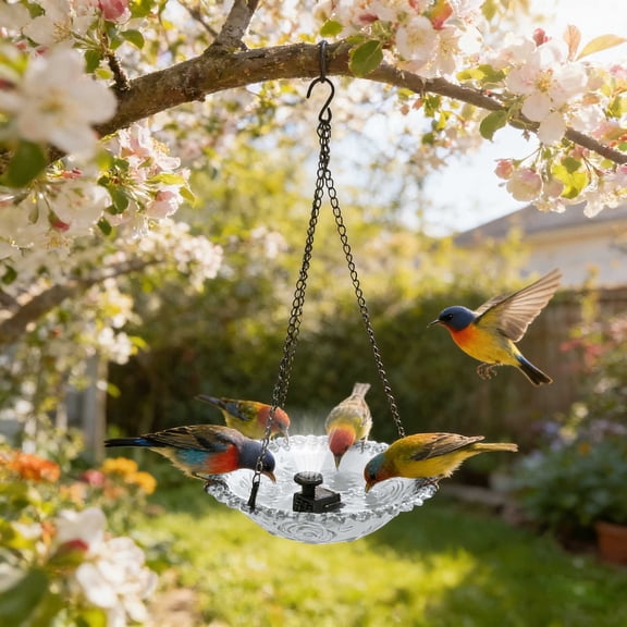 Hanging Bird Bath with Solar Water Fountain Outdoor Bird Feeder & Birdbath Combo 9.25 Inch Decorative Glass Bird Bath Bowl for Garden Balcony Patio Backyard Wild Bird Watching Use