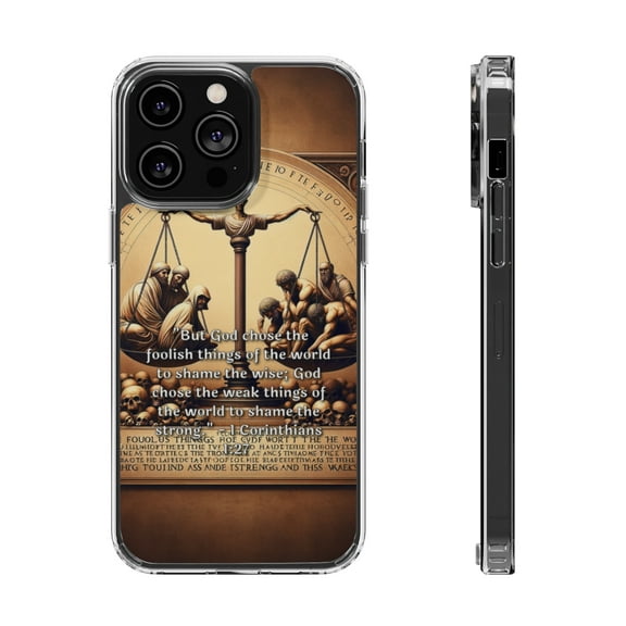 DistinctInk Hybrid (Acrylic / TPU) Clear Slim Fit Case for Apple iPhone 14 Pro MAX (6.7" Screen) - "1 Corinthians 1:27 - God's Surprising Choice of Foolishness"