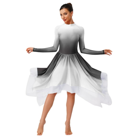 YiZYiF Women's Liturgical Praise Dance Dress Gradient Color Long Sleeve Tunic Lyrical Dancewear Black L