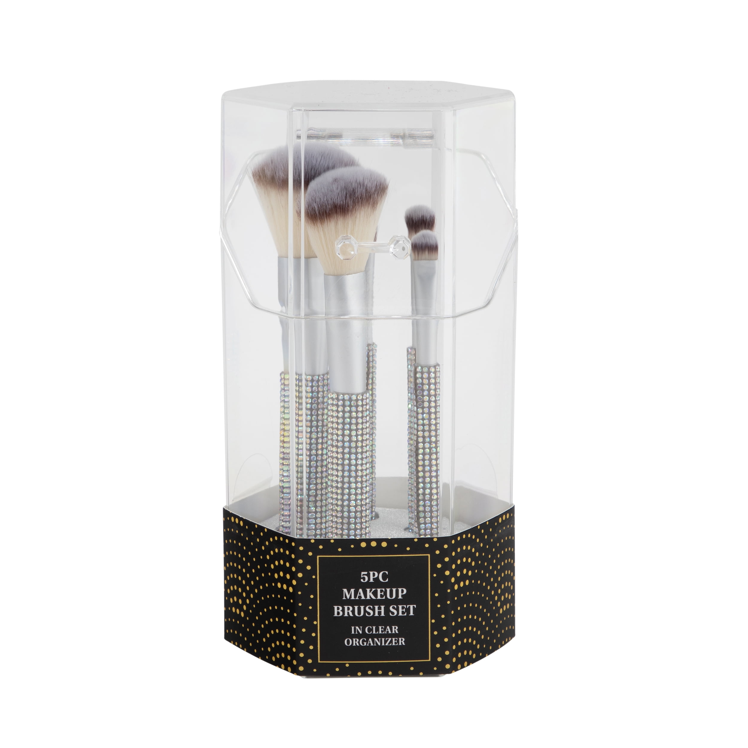 5pc Bling Brush Set with Polystyrene Holder. Face and Eye Brushes for Professional Look. Holds brushes  upright to keep them clean and tidy.