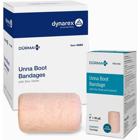 Dynarex Dürma+ Unna Boot Bandages with Zinc Oxide and Calamine - Provides Compression with Soothing Formula for Leg Ulcers, Edema, Sprains - 4" x 10 yds - Case of 12 Rolls | Cotton Gauze Roll, Sterile, Individually Foil Wrapped, Compression Bandage For Venous Ulcers, Expiration Dated, Red