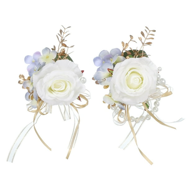 Juego de Corsage de Muñeca y Boutonnières, Flores Artificiales para Boda, Blanco