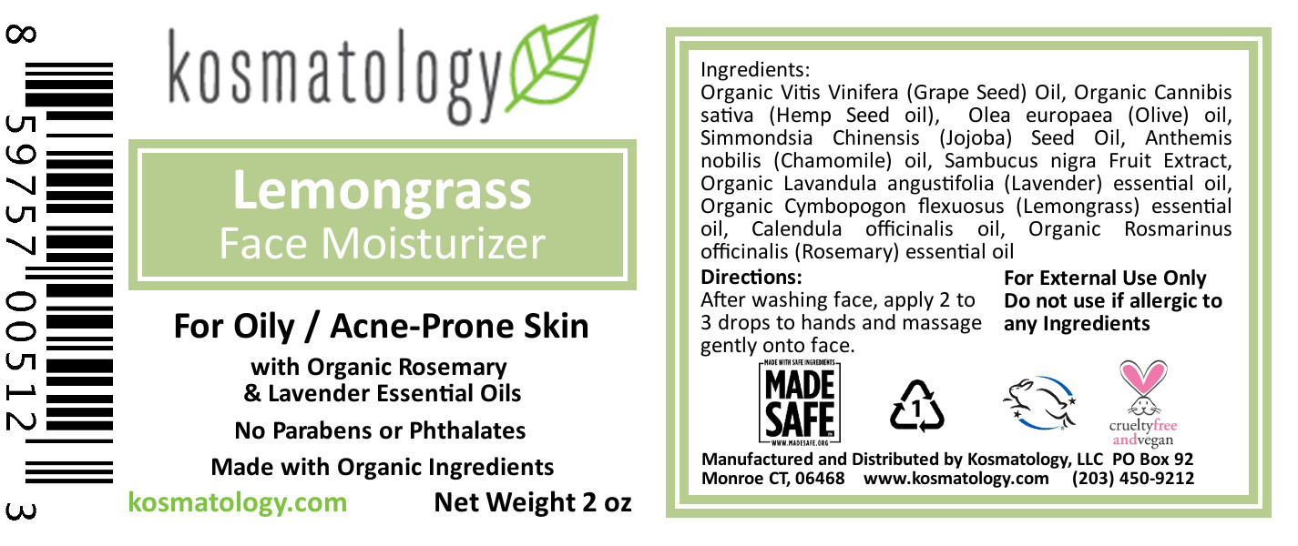 kosmatology® Lemongrass Organic Face Moisturizer | Acne and Oily Skin Types | Infused with Lemongrass and Rosemary Oils | Vegan and Cruelty-Free | 2 fl oz