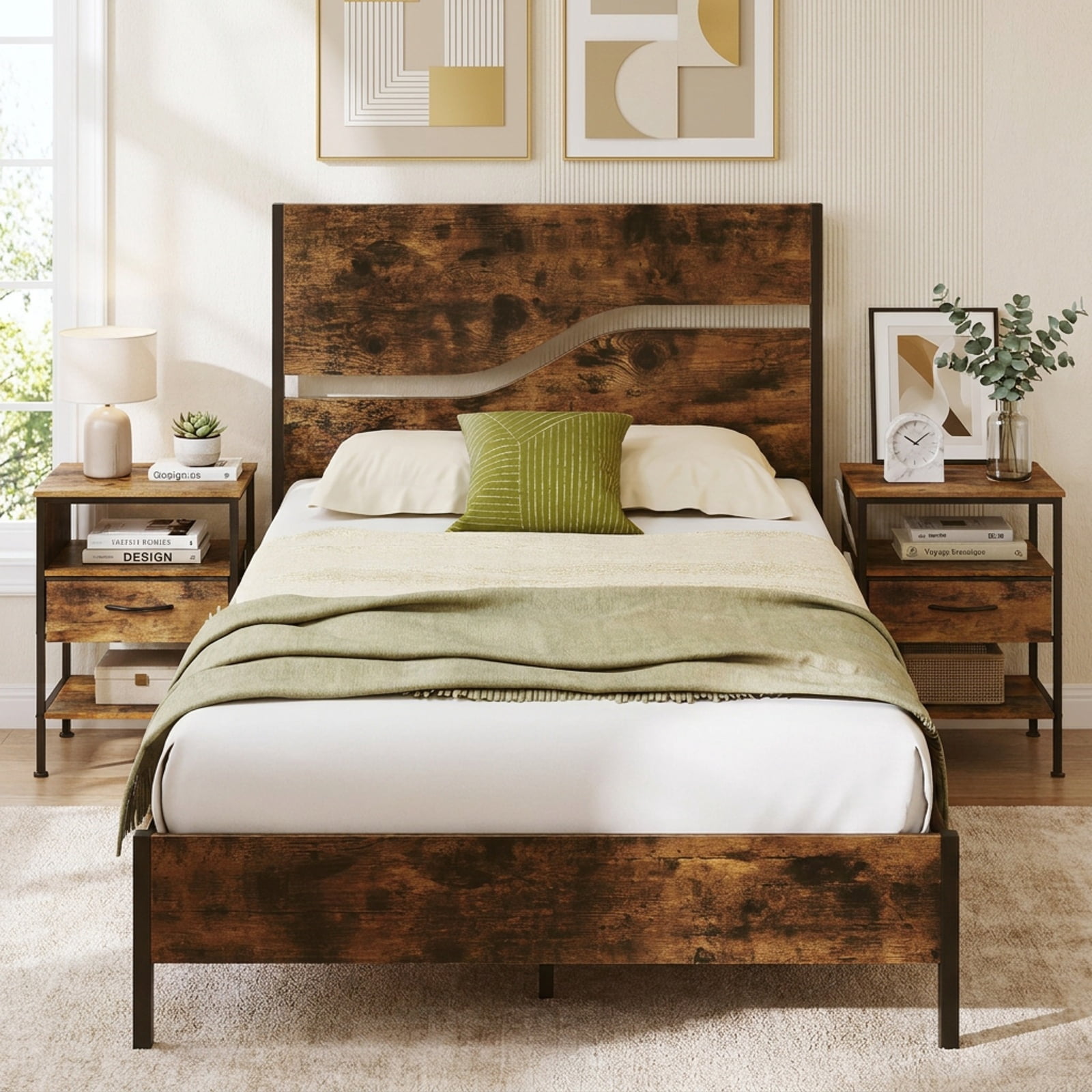 Furnibear Nightstand with Charging Station 24.5 inch Modern Bedside Table with Fabric Drawer for Bedroom Living Room Bedside Sofa Side, Rustic Brown