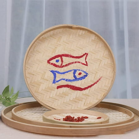 

Manunclaims Natural Bamboo Sieve For Kitchen Bamboo Wood Round Serving Platter Traditional Round Rattan Flat Wicker Tray Basket Tray DIY Wood Supplies For Vegetable Fruits Painting Art Decor