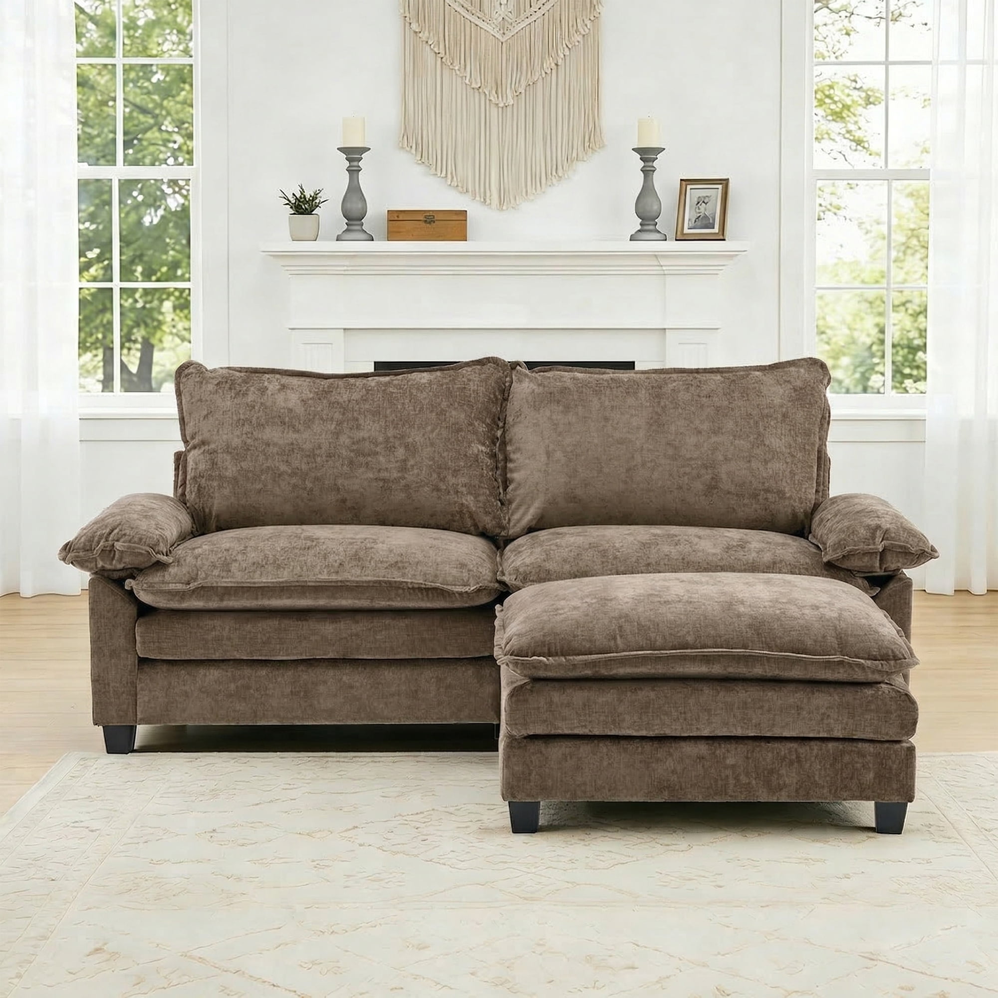 Ktaxon Sectional Sofa L Shaped Couch with Chaise Living Room Sleeper Set, 2 Seats with Chenille and Double Layer Cushions 87" W Light Brown