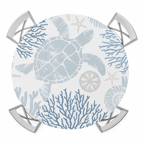 Blue Sea Turtle Round Fitted Tablecloth with Elastic Edge, Waterproof Table Cloth Table Cover for 55"-60" Tables, Coastal Coral Summer Beach Nautical Tablecloths for Dining Picnic Indoor Outdoor