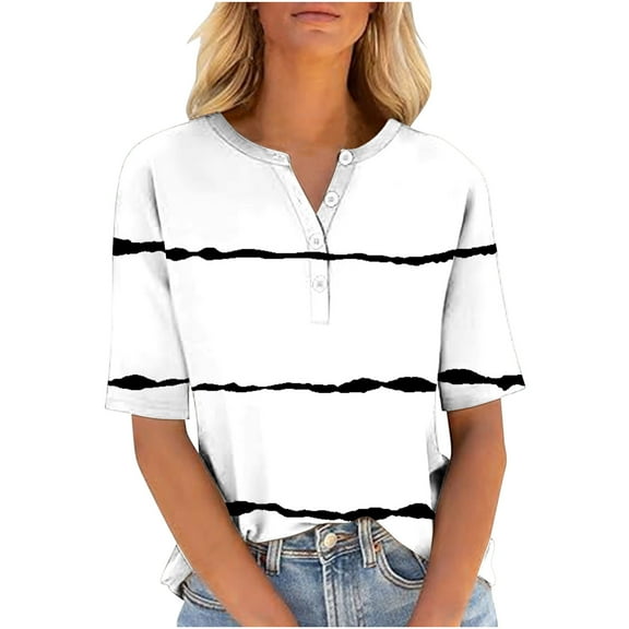 Summer Saving Clearance! WRKEKC Striped T Shirt Women,Women's Fashion Striped Casual Loose Button Short Sleeve Neck Top/shirt