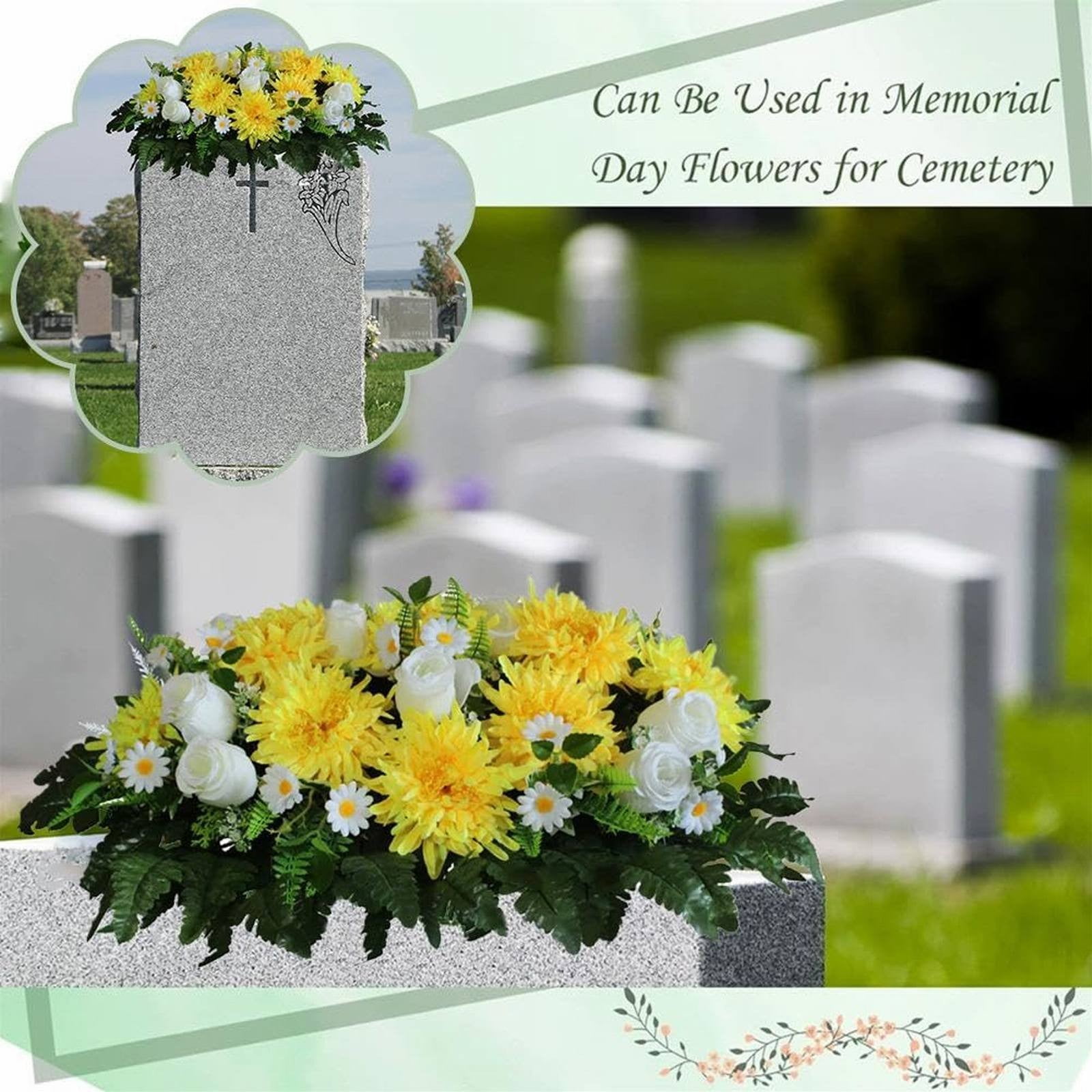 Cemetery Headstone Flower Saddle, Artificial Cemetery Flowers,Outdoor Artificial Floral Headstone Saddle, Bouquets & Cemetery Saddle For Outdoor Memorials,White,25.2x18.5"