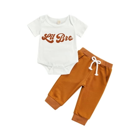 

Tempura 2 Pcs Newborn Casual Outfits Baby Boys Letter Print Short Sleeve Round Neck Bodysuit + Solid Color Trousers