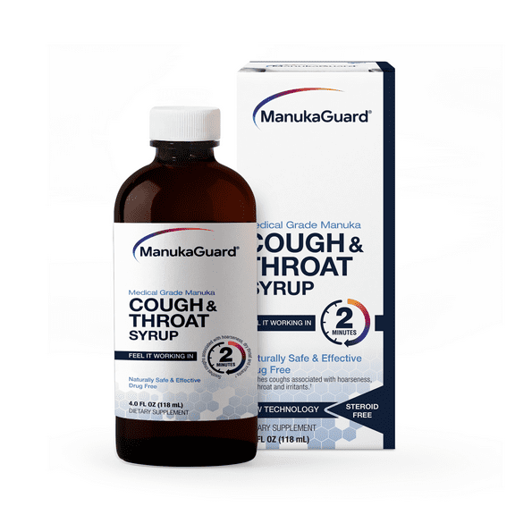 ManukaGuard Cough & Throat Syrup Made with Medical Grade Manuka Honey - For Cough & Sore Throats, 4.0 fl oz
