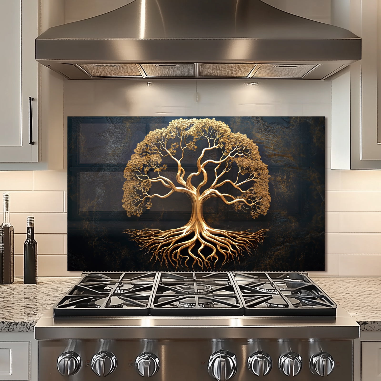 The Golden Tree of Life Glass Backsplash For Kitchen Behind Stove,Stove Back Top Cover,Easy to Clean Glass Splashback, Sink Cover Splash Guard,Home Kitchen Wall Decor