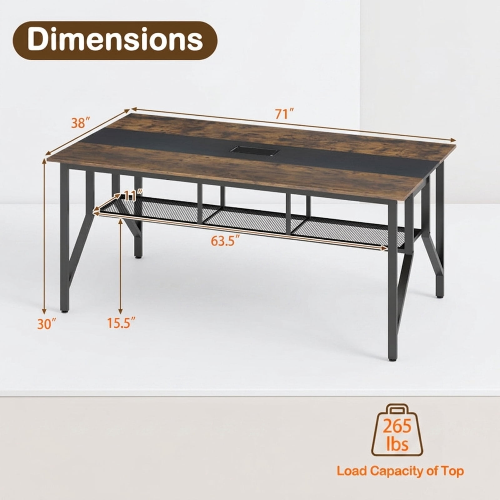 Furnibear Rectangular Conference Meeting Table with Mesh Storage Shelf and Cable Grommet for Office Training Room and Home Desk, Rustic Brown