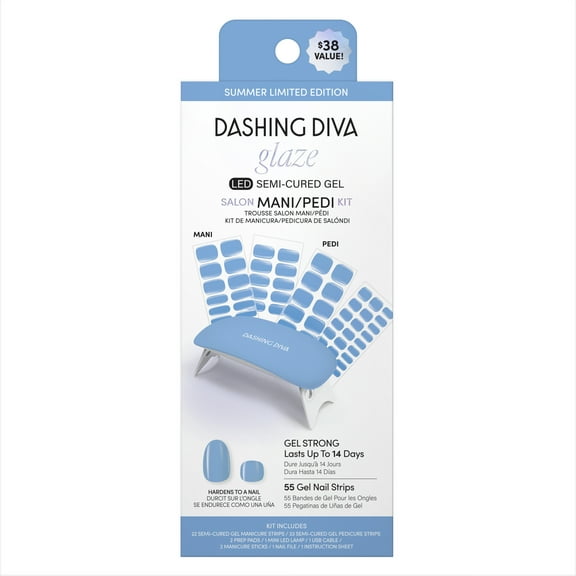 Dashing Diva Glaze LED Semi-Cured Gel Salon Mani   Pedi Kit, Gel Nail Strips, Bitesize Blue, 55 Count