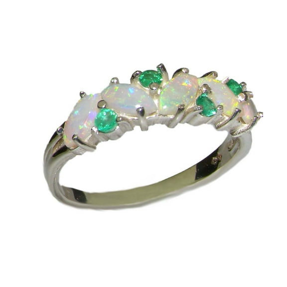 LBG British Made 10k White Gold Natural Opal & Emerald Womens Eternity Ring - Size 10 - 33 size options