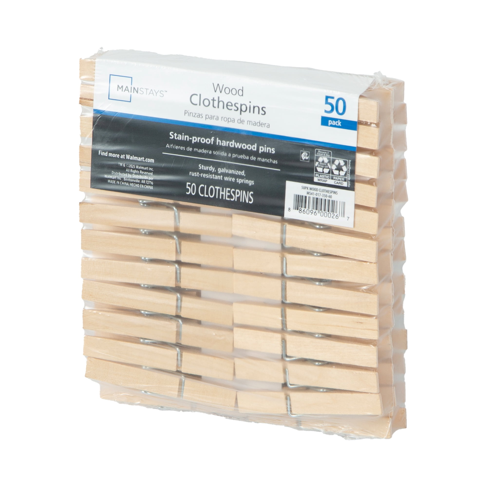 (5 pack) Mainstays 50-Count Moisture-Resistant Wooden Clothespins with Natural Finish