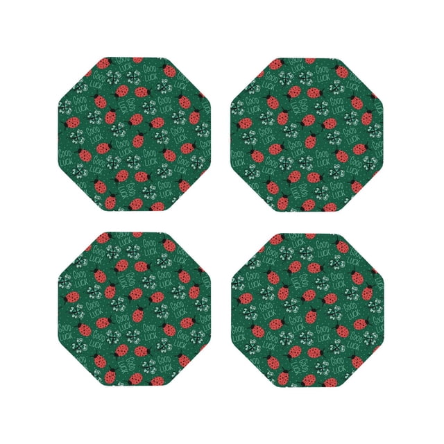 Vsdgher Good Luck Ladybug Print Leather Coasters for Drinks, Durable Drink Coasters 4 Set for Tabletop Protection, Luxurious Home Décor and Housewarming Gift-Octagon