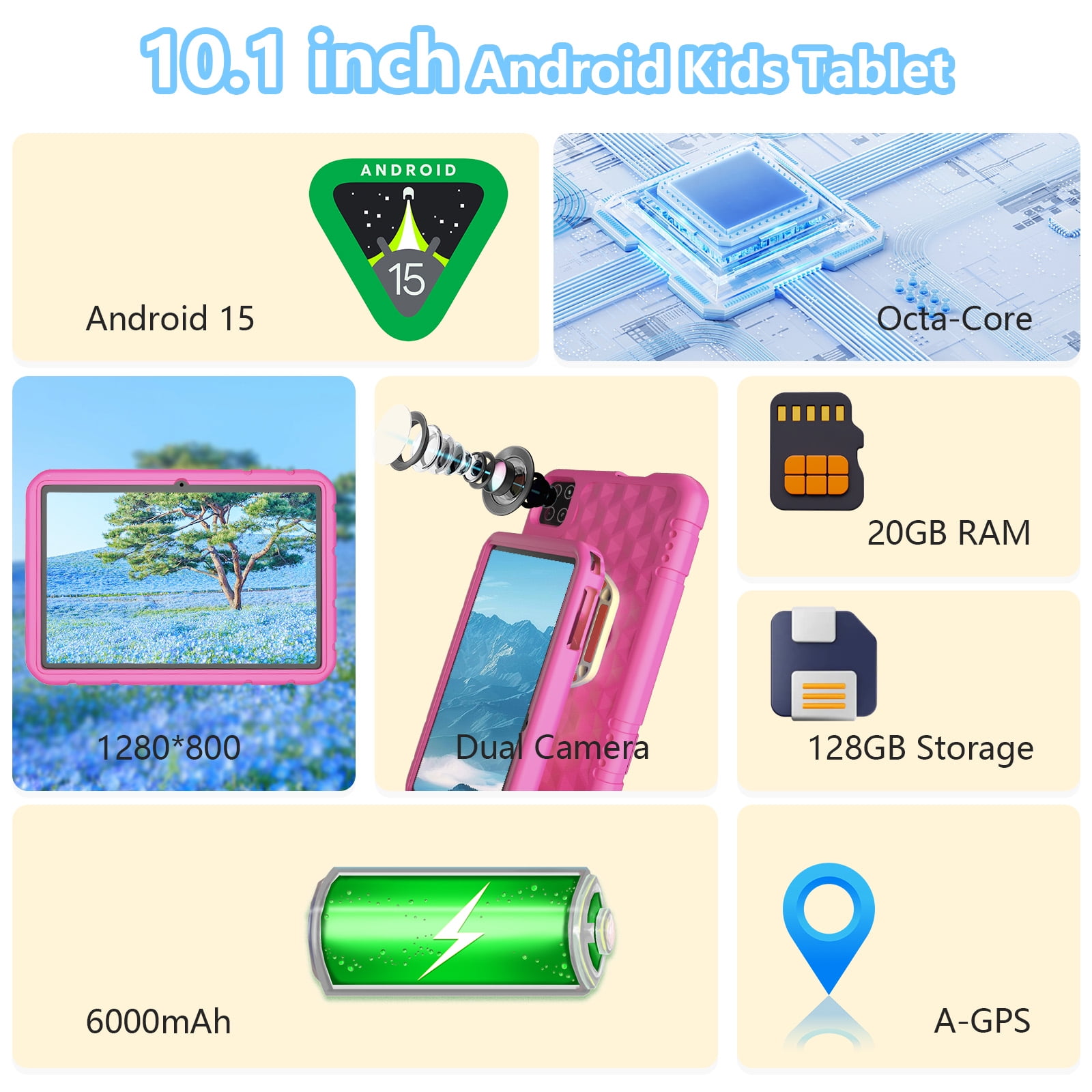 Android 15 Tablet, 10.1 inch Kids Tablet, Octa-core CPU, 20GB+128GB+1TB Expand Tablets for Kids with Kids Space, Parental Control, 6000mAh Big Battery, HD Touchscreen Display Tableta