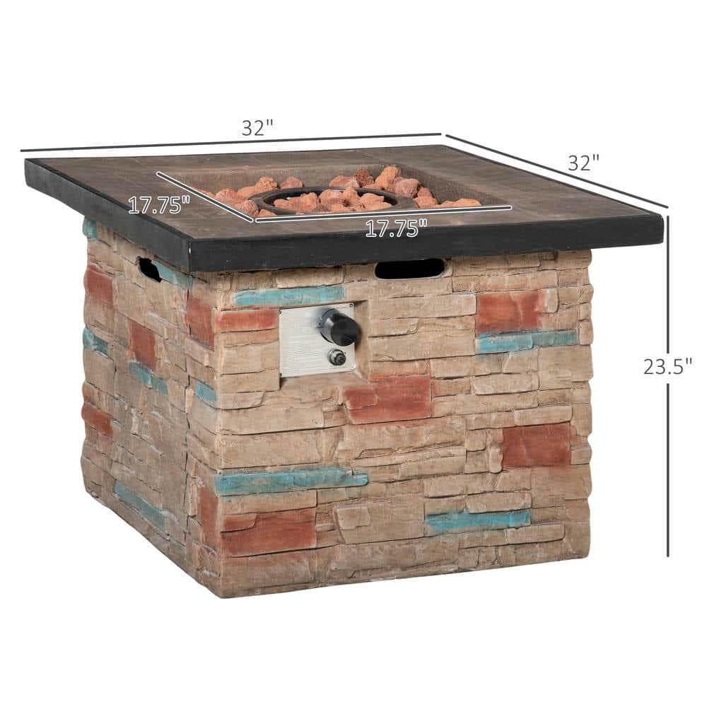 Spaco 32 Inch Propane Gas Fire Pit Table, 50,000 BTU Auto-Ignition Square Firepit with Lava Rocks and Rain Cover, Faux Ledge Stone Gas Firepit for Outdoor as Patio, Picnic, Backyard, Brown