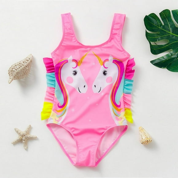Girls' One-Piece Swimsuit with Ruffle Trim - New 9069 Model, Cartoon Unicorn Print, Polyester Fabric for Durable Swimming Wear, Modest Coverage, Playful Design, Perfect for Kids' Aquatic Activities