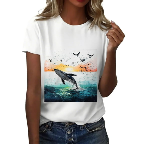 NAMTYQX Summer Blouses for Women 2025 Short Sleeve Light Crew Neck Bedrucktes Print Loose Basic Cool White Size 5XL