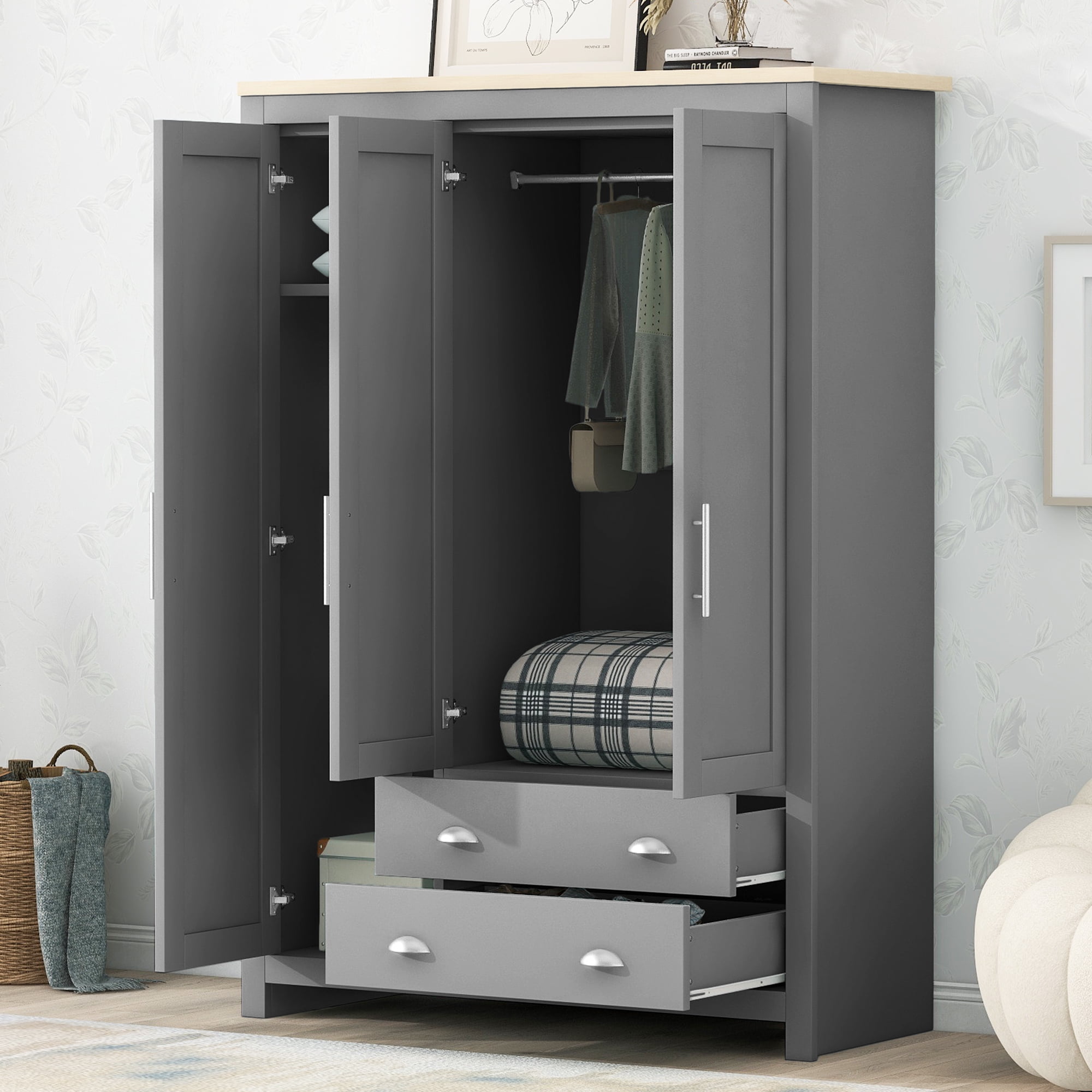 Kadyn 3 Door Armoire Wardrobe Closet with 2 Drawers, 67" Large Wardrobe Armoire with Silver Handle, Modern Wooden Armoire Storage with Hanging Rod for Bedroom, Gray Kadyn 3 Door Armoire Wardrobe Closet with 2 Drawers, 67" Large Wardrobe Armoire with Silver Handle, Modern Wooden Armoire Storage with Hanging Rod for Bedroom, Gray