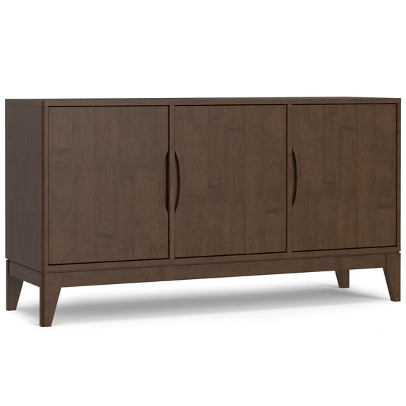 Simpli Home Harper 60 inch Wide Solid Wood Mid Century Modern 3 Door Sideboard Buffet in Walnut Brown