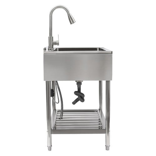 Utility Sink, 35.8" L x 23.2" W x 34.3" D Free Standing Single Bowl Kitchen Sink with Cold and Hot Water Faucet, Commercial Stainless Steel Laundry Tub for Kitchens, Bathrooms, Garage, Laundry Room