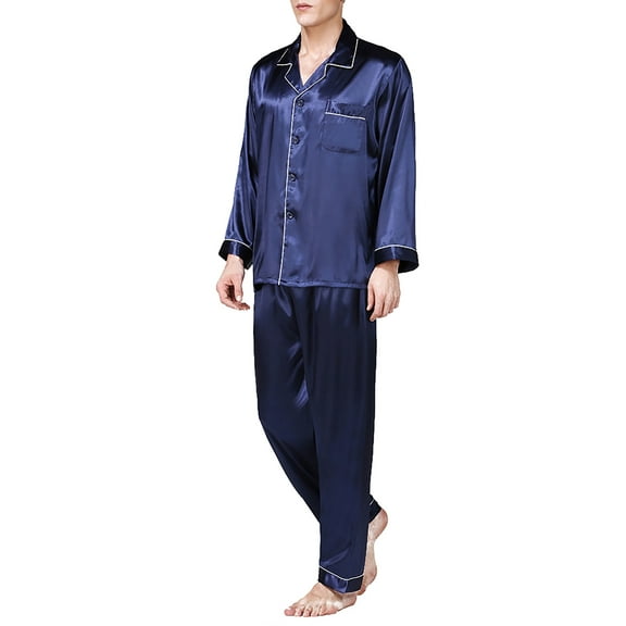 Mens Silk Satin Pajamas Sets Solid Long Sleeve Button Down Tops Pants Sleepwear Summer Pjs Plus Size