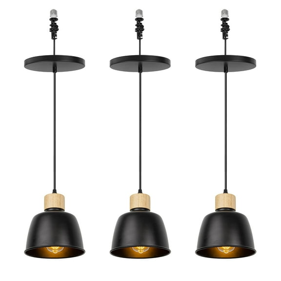 KAYYELAMP 3-Pack Black Metal Shade Hanging Light E26 Wood Base Adjustable Height Droplight Vintage Design Pendant Light for Kitchen Island Sink Home