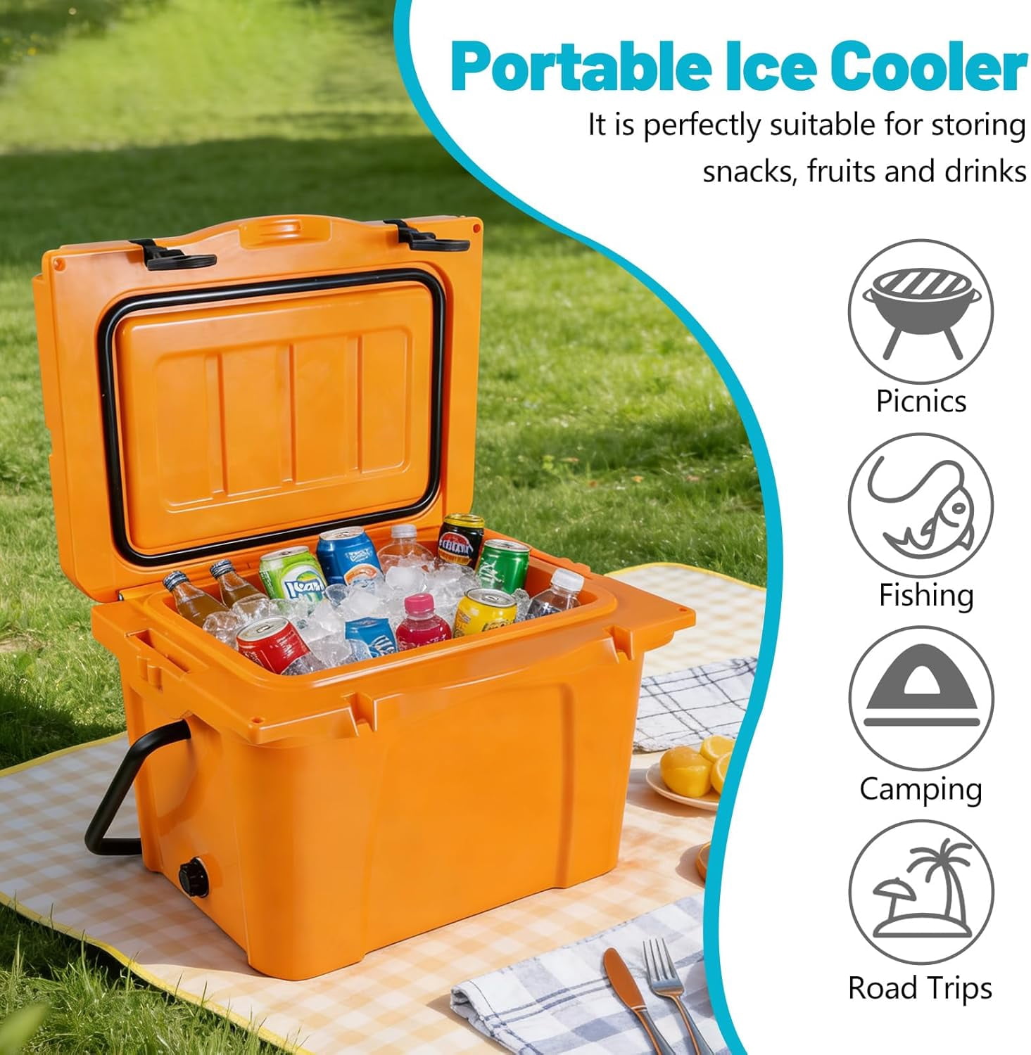 Elleree 25 Quart Hard Cooler Box, Portable Ice Chest with Bottle Opener, Cup Holder & Ruler,Heavy-Duty Ice Cooler for Camping, Fishing, Picnic, Beach