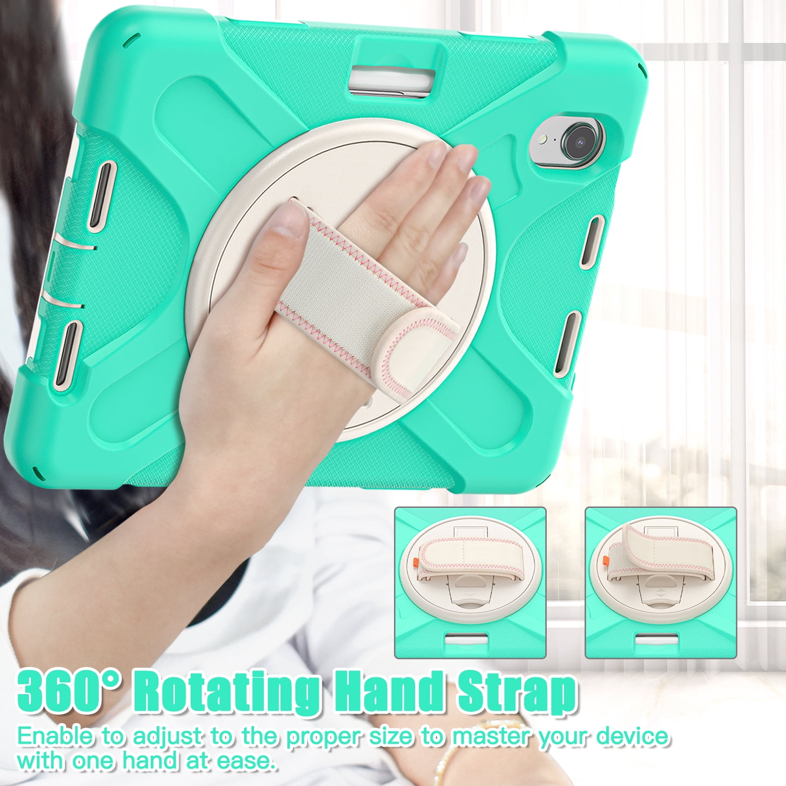 Portable Rugged Case for 2021 Apple iPad Mini 8.3" (6th Generation 2021 Release) - Rotating Stand Case with Adjustable Hand/Shoulder Strap, Built-in Pencil Holder, Shockproof Hard Cover (Mint Green)