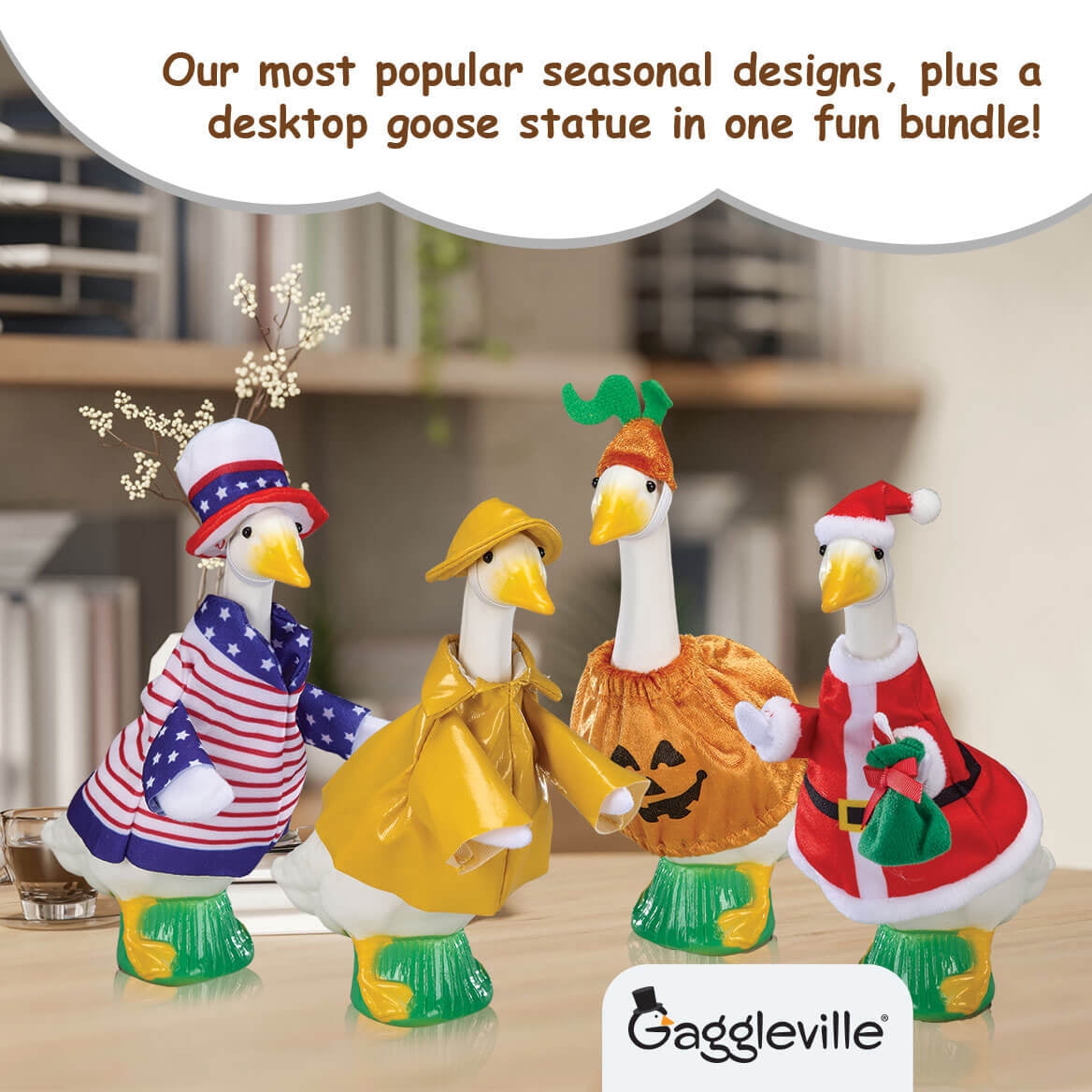 Gaggleville 7" Desktop Goose Figurine with All Seasons Outfit Bundle – Includes 4 Adorable Seasonal Costumes for Spring, Summer, Fall & Winter – Fun I