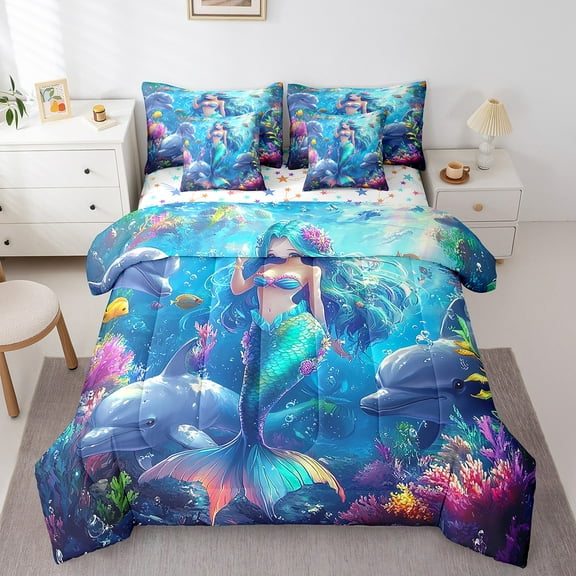 Erosebridal Ocean Mermaid Bedding Sets Twin Size, Sea Princess Comforter Sets with Sheets, Dolphin Fish Coral Bedding Accessories, Breathable Room Decorative, Reversible 7pcs