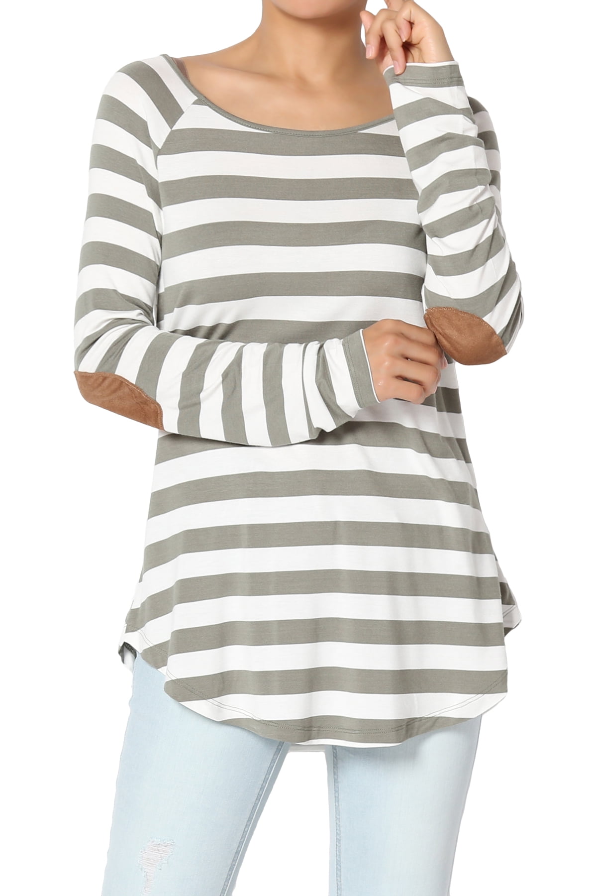 TheMogan Women's PLUS Striped Elbow Patch Long Sleeve Slim Fit Jersey