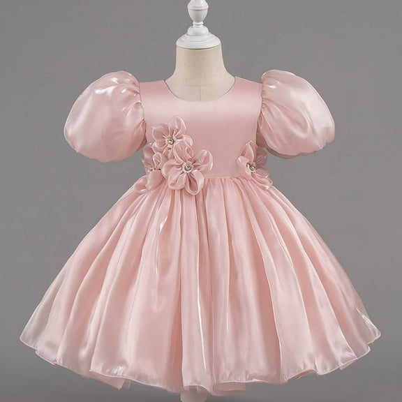 NAISIBABY Girls Flower Dress 7T, Satin Mesh Splicing Back Zipper Puff Sleeve Party Birthday Pageant Princess Dress Pink