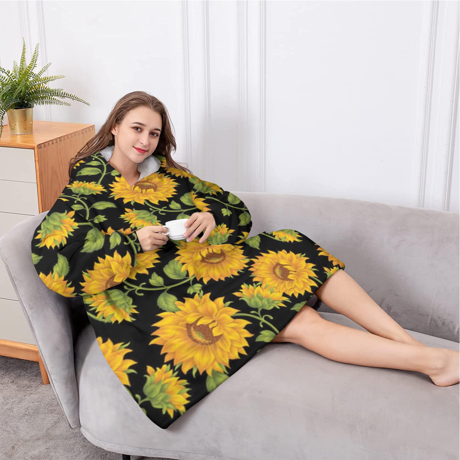 Oversized Wearable Blanket Hoodie,Black Green Stem Sunflower Pattern Sherpa Blanket Hoodie with Super Pockets,Super Warm Fuzzy Pullover for Women & Men