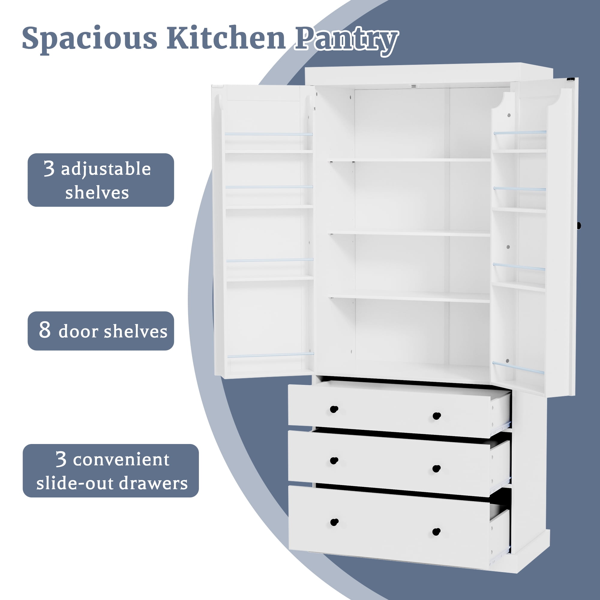 Euroco Spacious Kitchen Pantry with Adjustable Shelves, 8 Door Shelves, 3 Large Slide-Out Drawers, and Anti-Tipping Devices – Durable MDF Construction, Easy Assembly