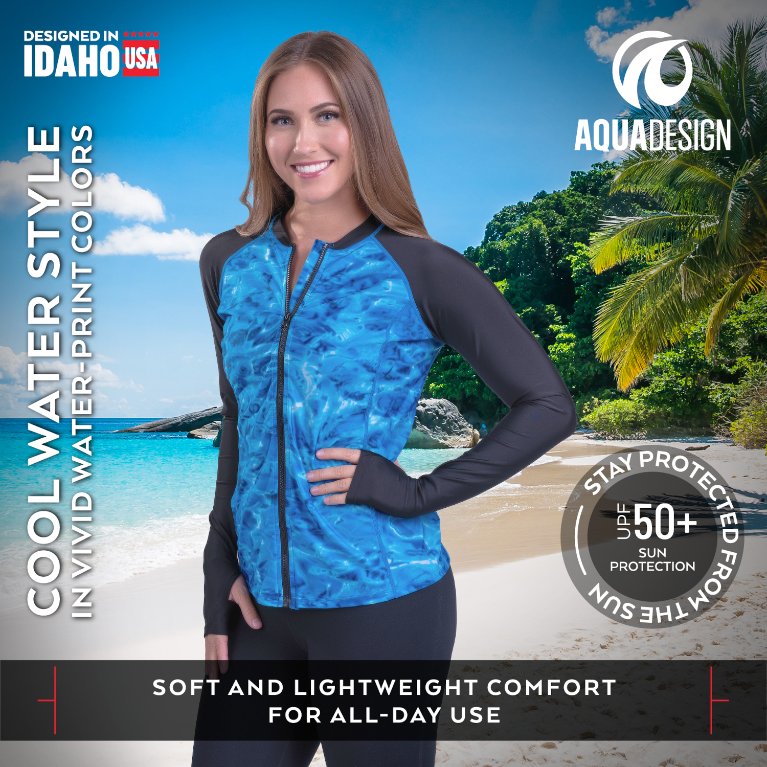 Aqua Design Womens Full Zip Long Sleeve Rash Guard: Front Zipper Swim Shirt: Liquid Purple/Black size 5XL - image 2 of 7