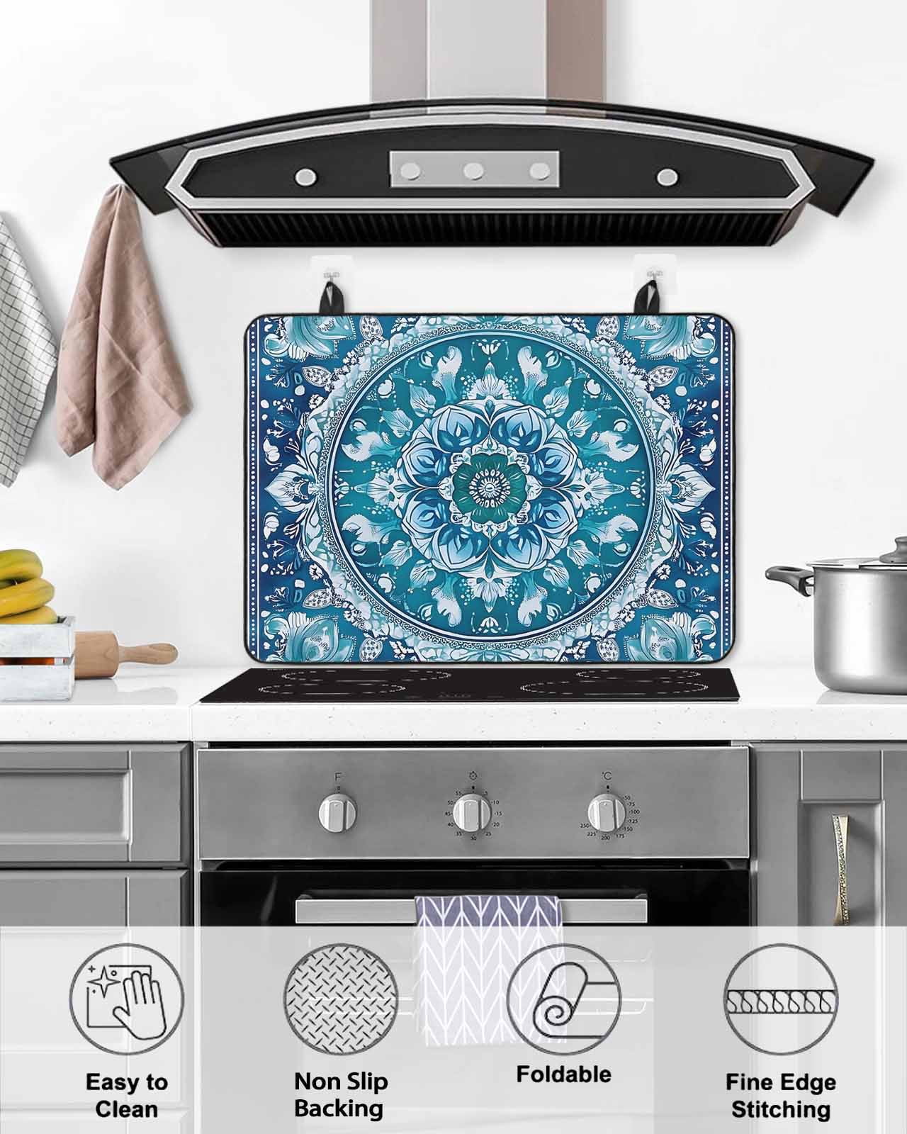 nqOlkjepod Large Induction Cooktop Protector Mat 36"x21", Boho Teal Blue Stove Top Covers for Electric Stove, Abstract Flowers Ethnic Southwestern Stove Burner Cover Mats, Glass Top Stove Cover