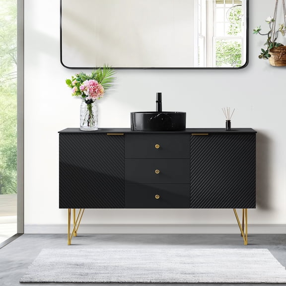 48" Bathroom Vanity with Sinks, Freestanding Plywood Bathroom Vanity - Sintered Stone Top, 1 Stone Pattern Ceramic Vessel Basins Bathroom Sink, 3 Drawers & 2 Open Compartments - Black Vanity
