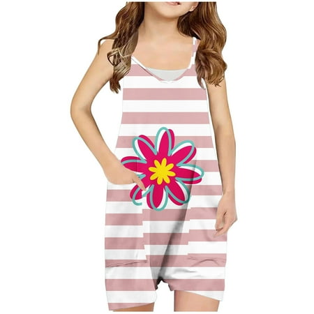 AJTQTH Rompers for Girls Cute Floral Printed Striped V-Neck Jumpsuit Stylish Spaghetti Straps Playsuit Pockets Bodysuit Outfits for Summer Casual School Pink 9 Years