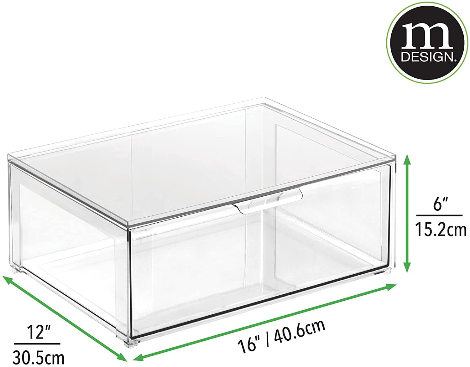 Plastic Stackable Kitchen Storage Organizer Bin Containers with Front Pull Drawer for Cabinet, Pantry, Fridge, Freezer, Shelf, Refrigerator Organization - Lumiere Collection - Clear