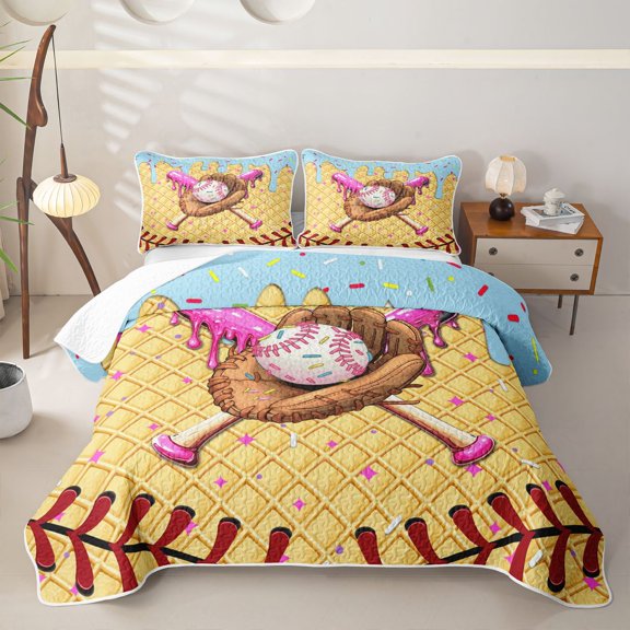 Castle Fairy Baseball Bat Glove Twin Quilt Set,Blue Ice Cream Drip Twin Coverlet Set,Brown Pink Yellow