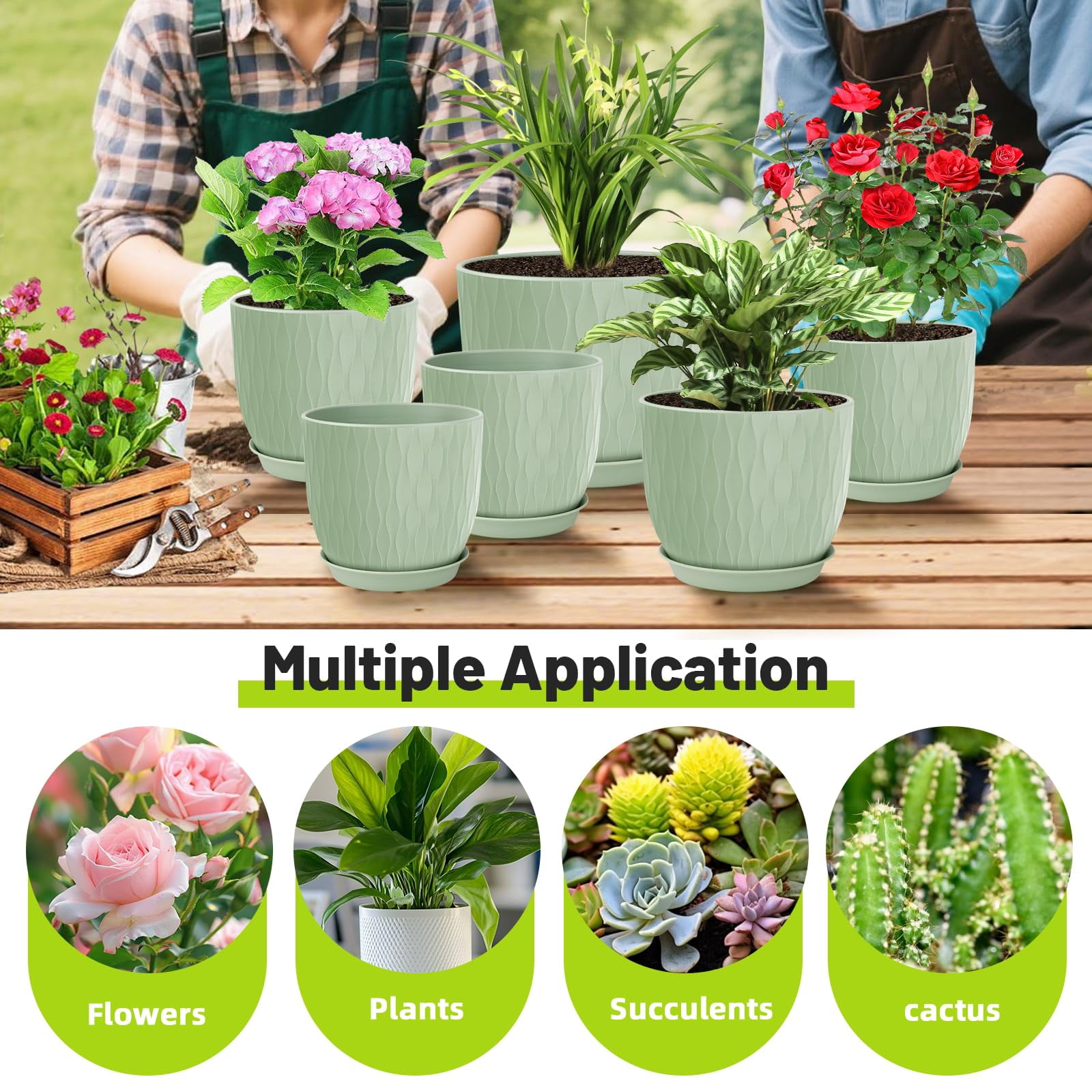 Plastic Plant Pots 10/9/8/7.5/7 inch Set of 5, Flower Planters with Drainage Holes and Saucers, Plastic Pots for Indoor Outdoor Plants(Green)